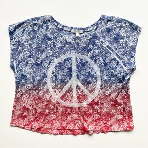 Delia’s Blue and Red Ombré Floral Peace Sign Cropped T-Shirt, Medium